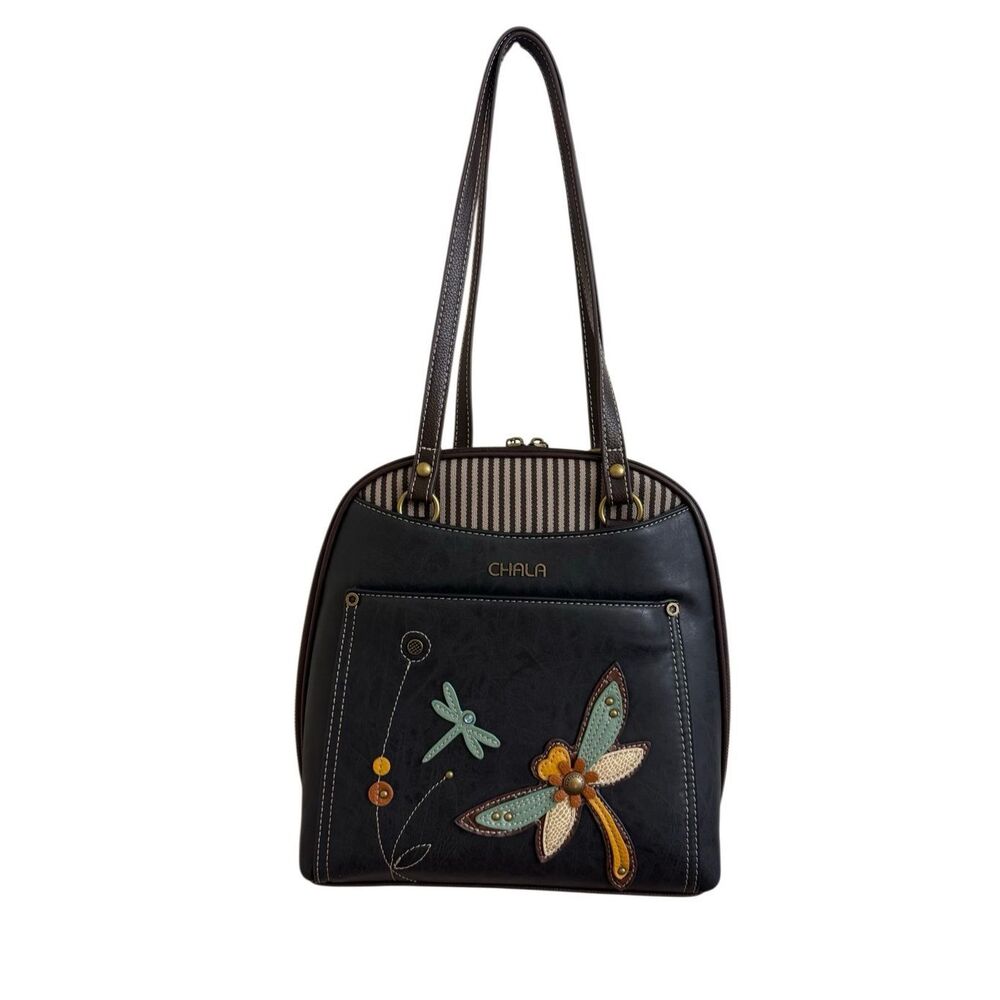 Chala Covertible Backpack / Shoulder Bag Black Faux Leather Dragonfly - Picture 3 of 10